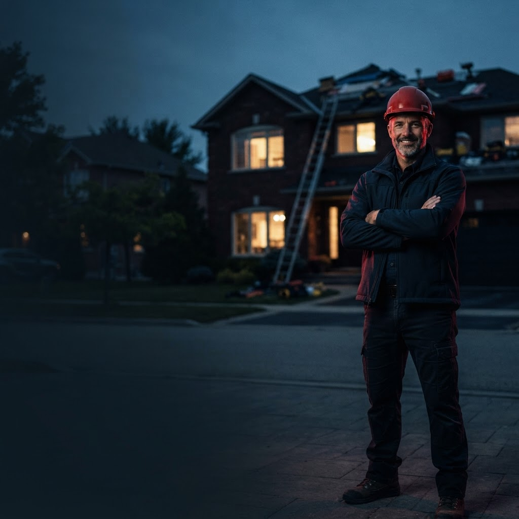 Virgin Leadz contractor standing in front of a job site at dusk